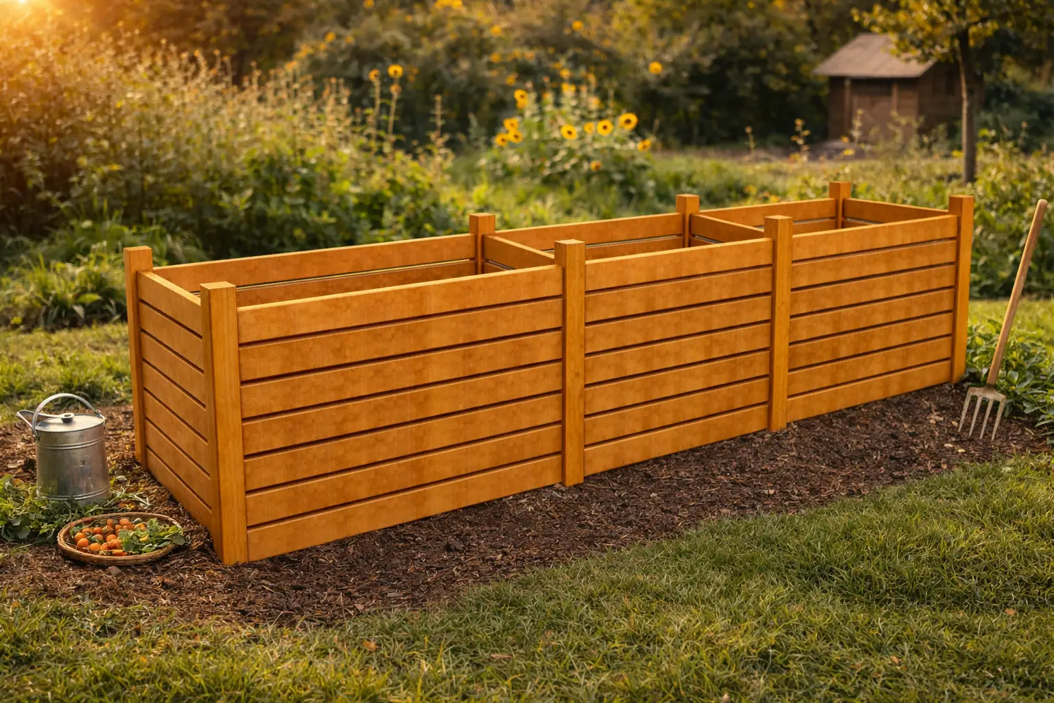 Masivní tříkomorový kompostér z modřínu 450×100×100 cm - Obrázek 2